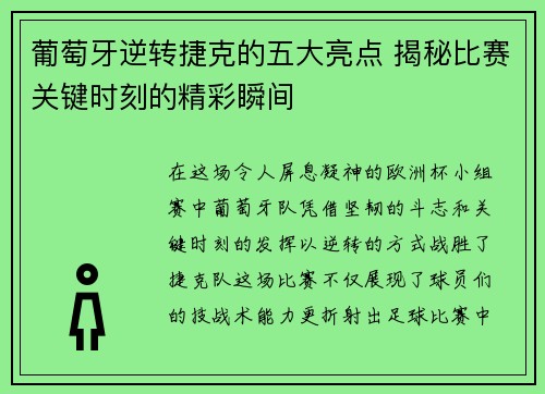葡萄牙逆转捷克的五大亮点 揭秘比赛关键时刻的精彩瞬间